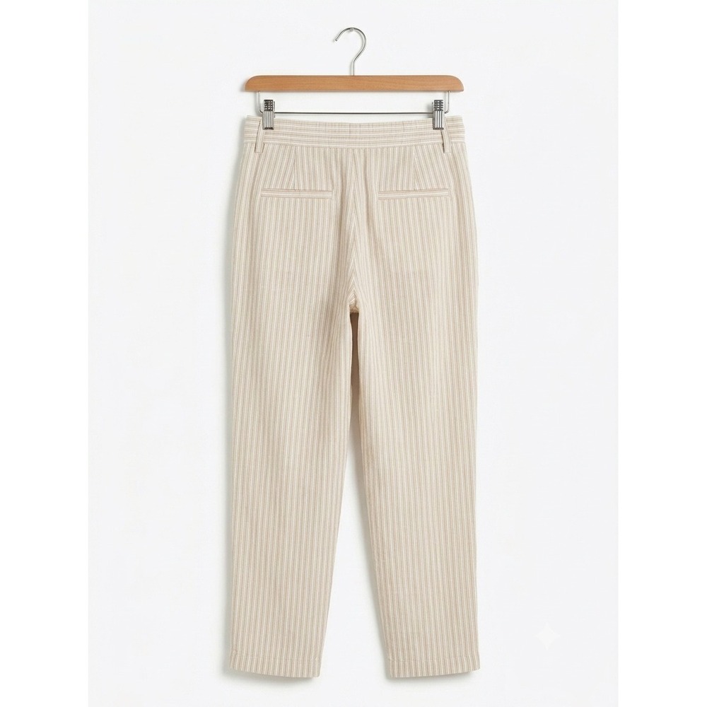 Linen Blend Striped Drawstring Tapered Pants Beige White Neutral Womens Large - Picture 2 of 3